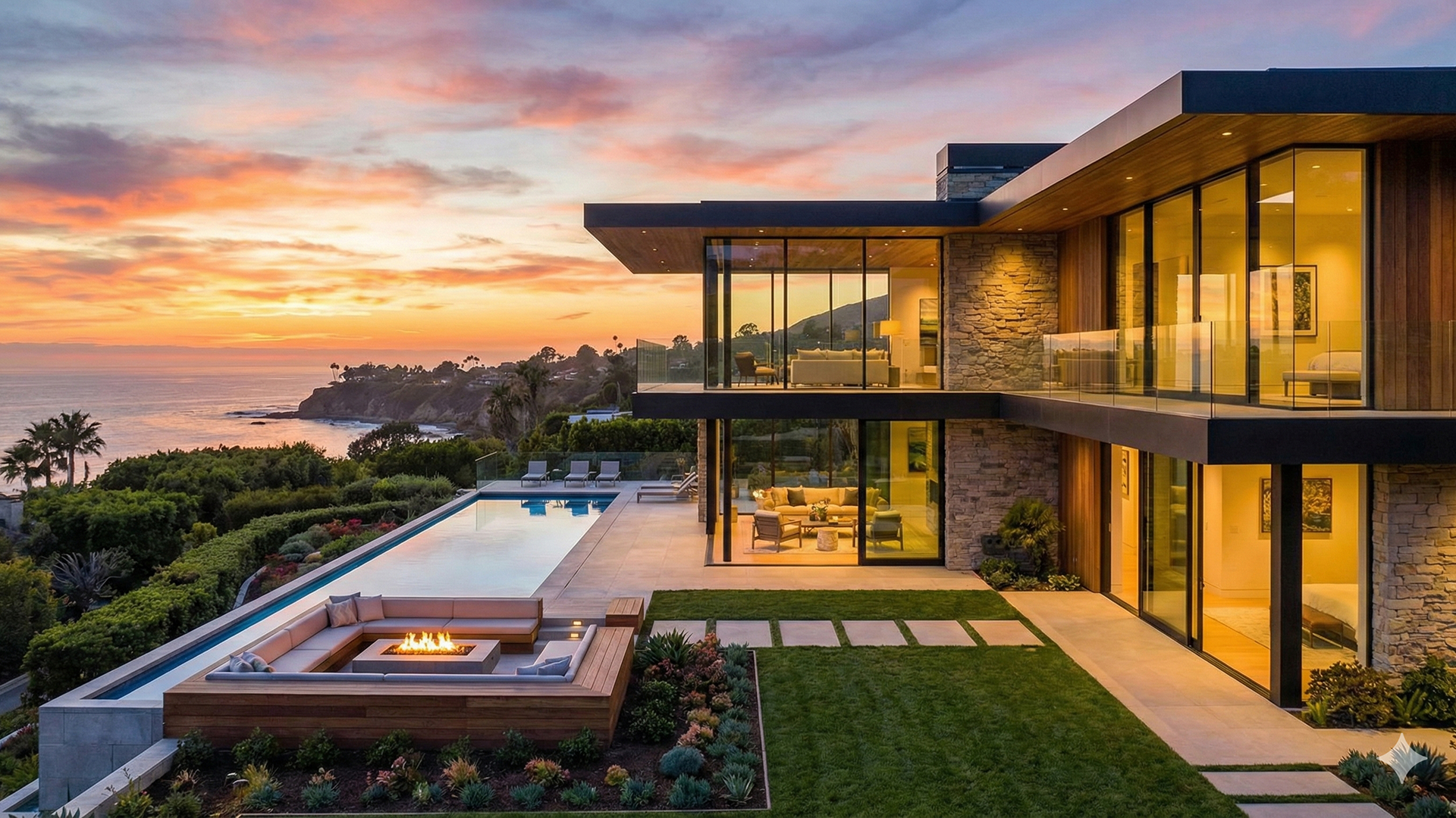 Villa contemporanea di lusso con piscina infinity, terrazza panoramica e vista sull'oceano al tramonto