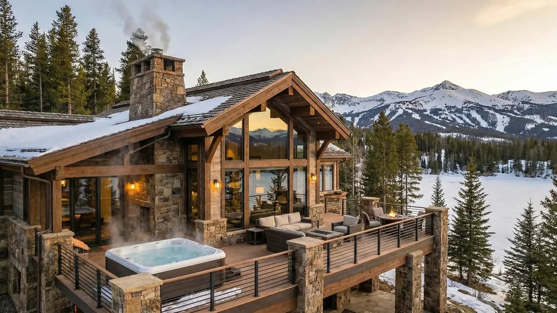 Casa di lusso in legno con ampie vetrate, idromassaggio sul patio e vista panoramica sulle montagne circostanti.